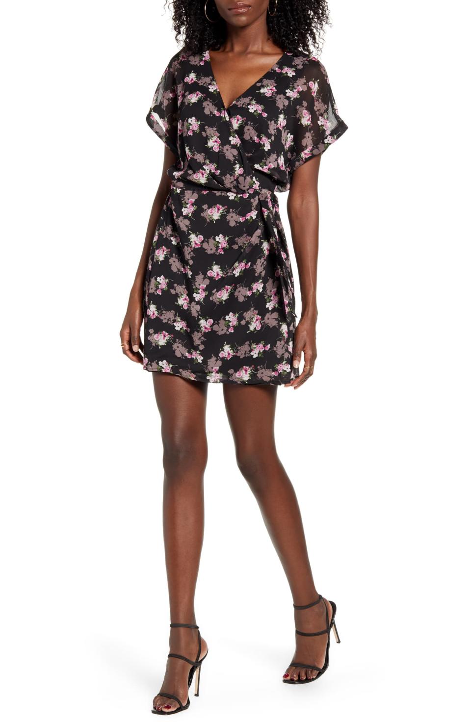 All in Favor Simone Floral Wrap Front Minidress. Image via Nordstrom. 