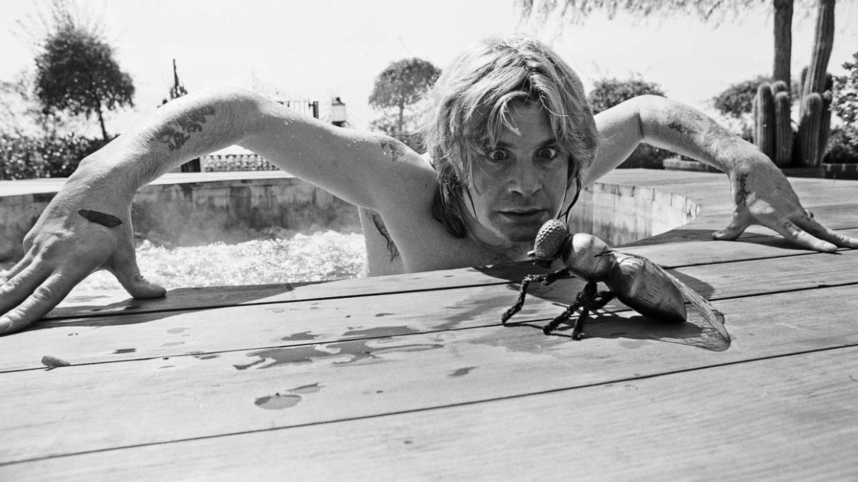  Ozzy Osbourne in a swimming pool looking at a giant rubber fly. 