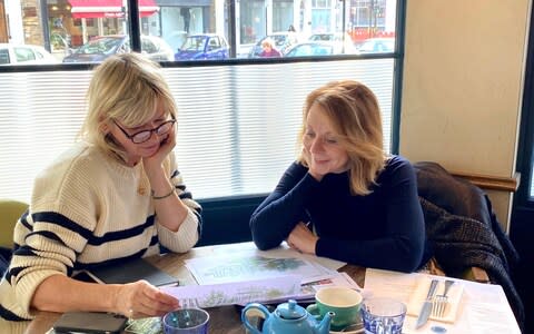 Gardener Jo Thompson and Zoe Ball discussing plans for the Friendship Garden