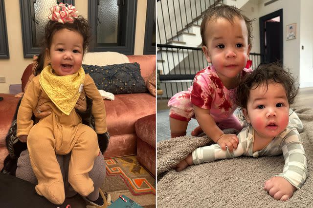 <p>Chrissy Teigen/Instagram</p> Esti, 11 months, and Wren, 5 months, play together before Christmas