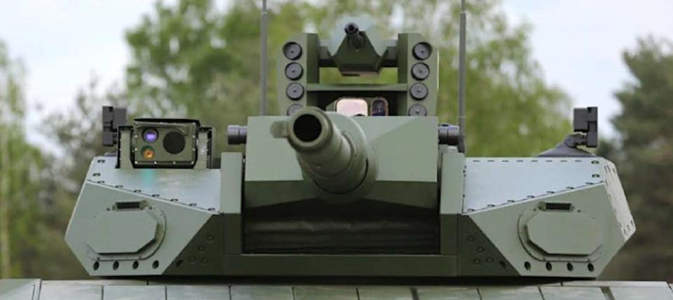 A close-up look at the Leopard 2 A-RC 3.0's turret showing what look to be elements of the Trophy active protection system, including radar antennas on the front and effectors on either side on top. <em>KNDS</em>