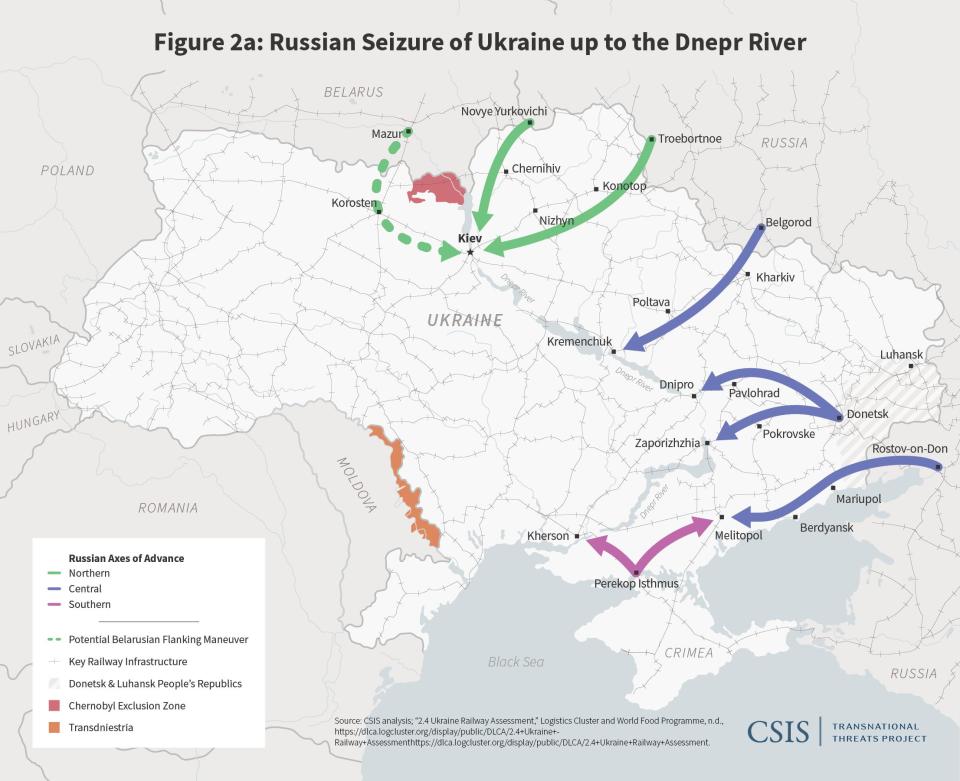 A map of a potential invasion by Russia of Ukraine created by the Center for Strategic and International Studies Transnational Threats Project