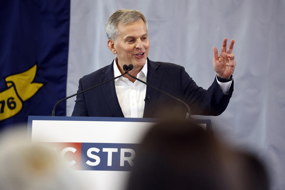 Democratic North Carolina gubernatorial candidate Josh Stein speaks at rally at Shaw University in Raleigh, N.C., Tuesday, Oct. 10, 2023. (AP Photo/Karl B DeBlaker)