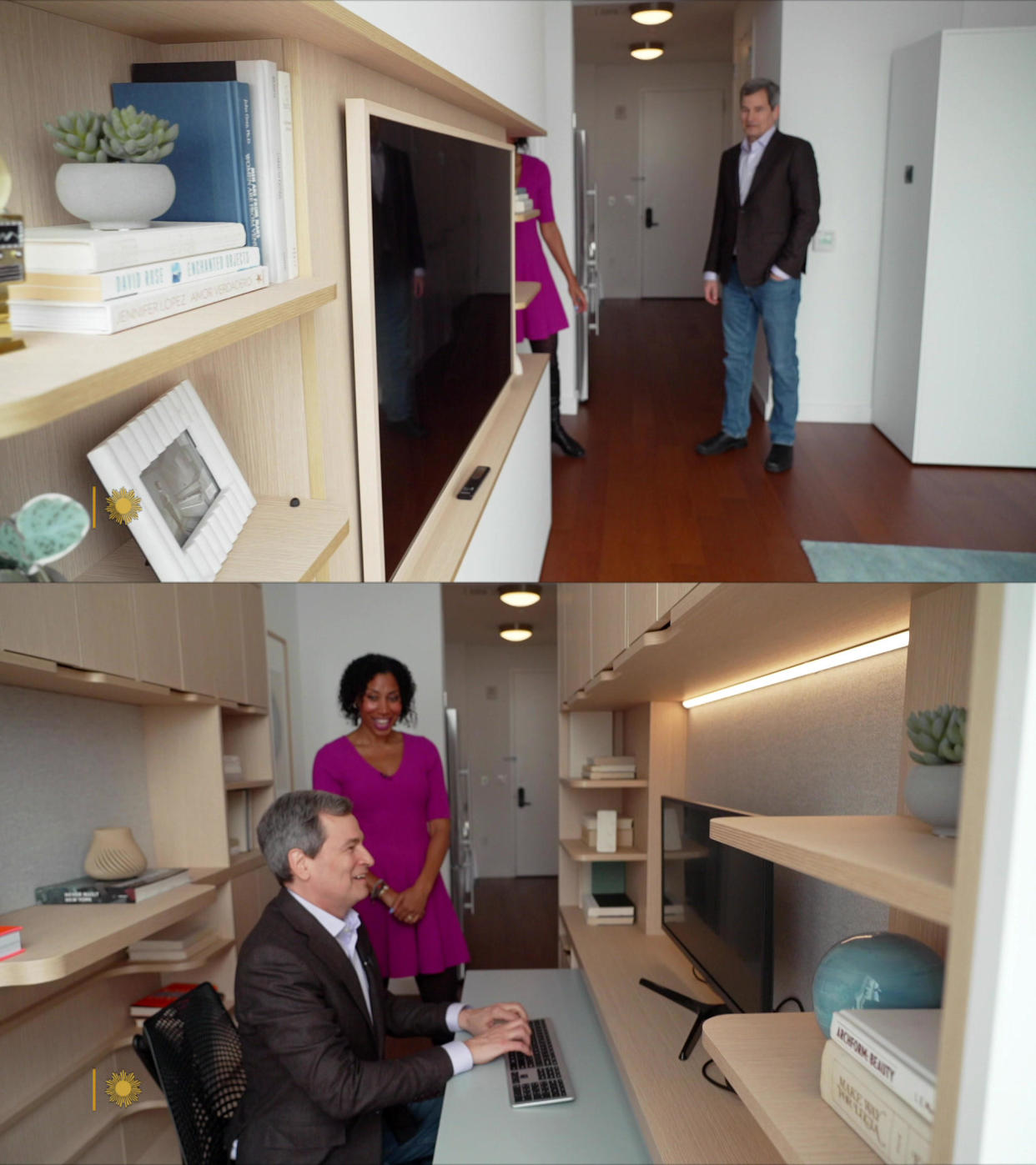 Talia McKinney demonstrates for David Pogue how a movable wall opens up a hidden office space.  / Credit: CBS News