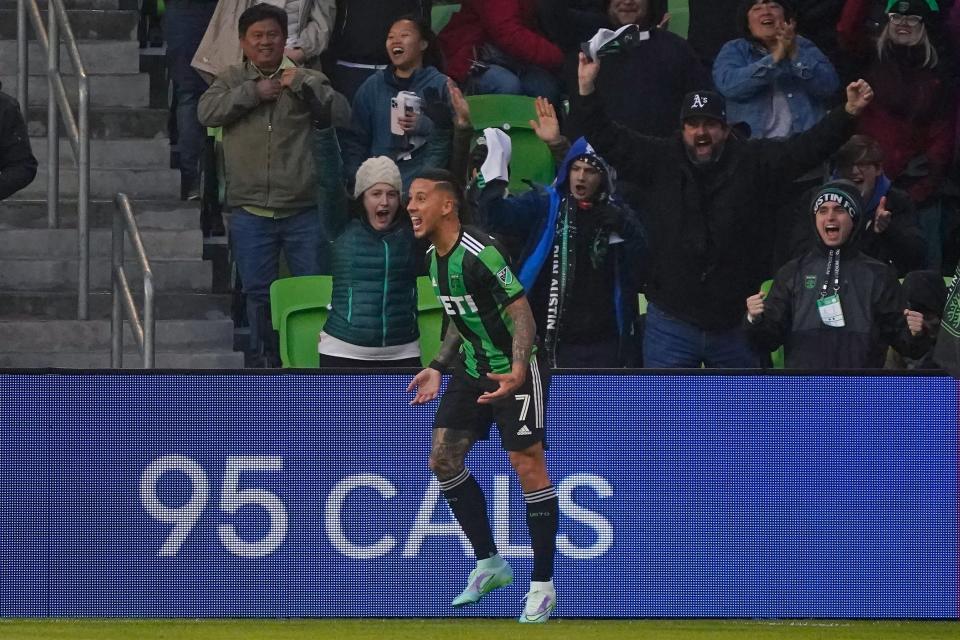 Austin FC's Sebastián Driussi reacts after scoring a goal against FC Cincinnati earlier this season. The midfeilder was named to the MLS team of the week for the fifth time this season.