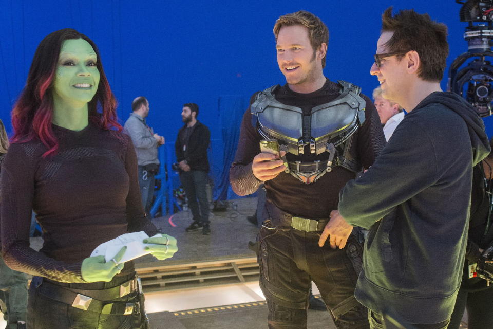 Zoe Saldana and Chris Pratt, with James Gunn (Credit: Marvel/Disney)