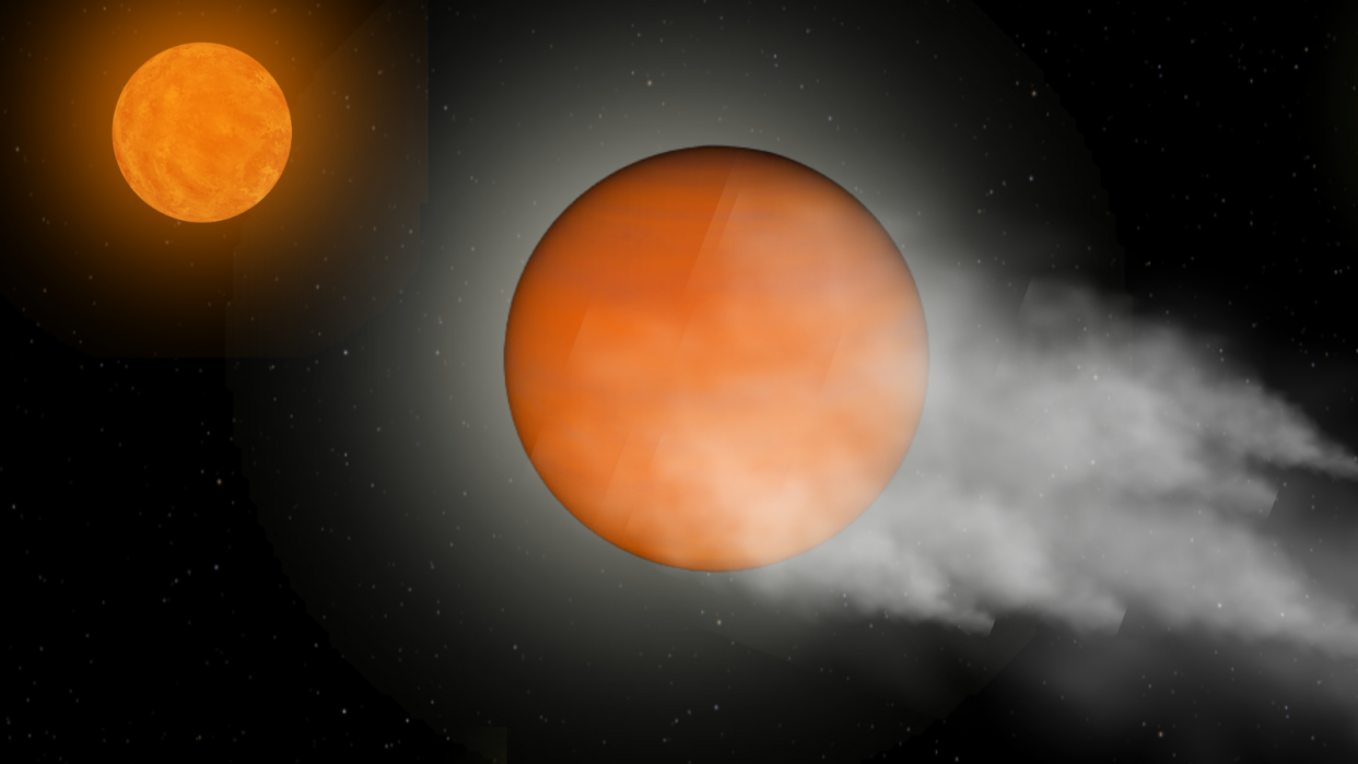  An illustration shows the atmosphere of the Jupiter-sized exoplanet  V1298 Tau b being stripped away transforming it into a super-Earth sized world. 