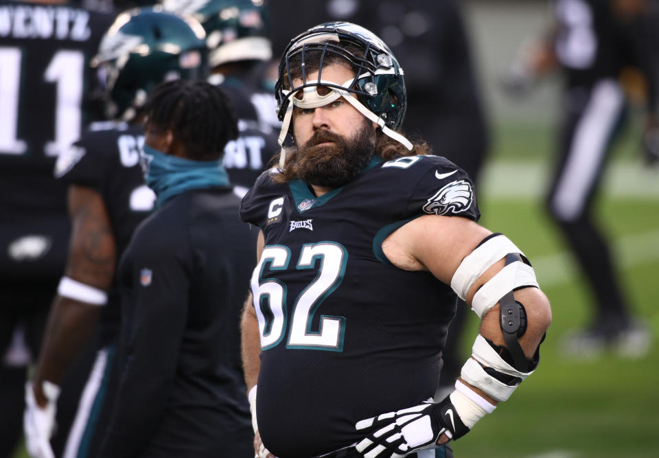 Jason Kelce denies there was any sideline confrontation after head coach Doug Pederson benched Jalen Hurts on Sunday night. (Photo by Kyle Ross/Icon Sportswire via Getty Images)