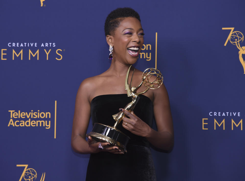 Samira Wiley poses in the press room during night one of the Creative Arts Emmy Awards at The Microsoft Theater on Saturday, Sept. 8, 2018, in Los Angeles. (Photo by Richard Shotwell/Invision/AP)