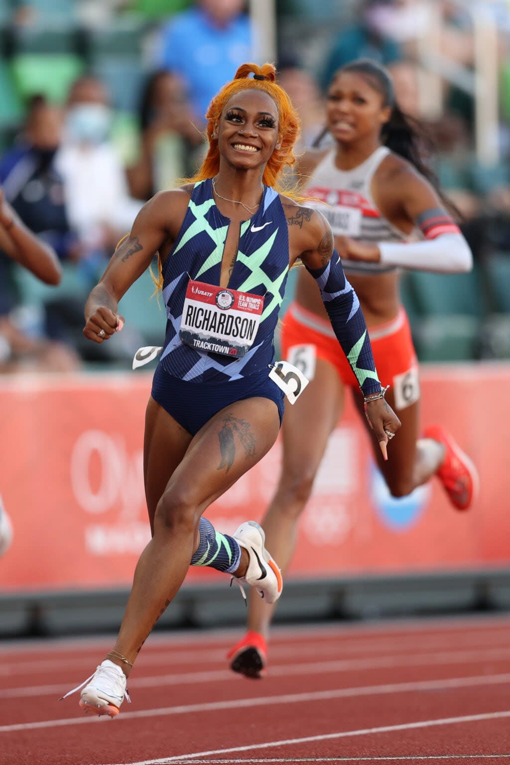 Sha’Carri Richardson races in the Women’s 100 Meter final on day 2 of the 2020 U.S. Olympic Track & Field Team Trials at Hayward Field on June 19, 2021 in Eugene, Oregon. (Photo by Patrick Smith/Getty Images)