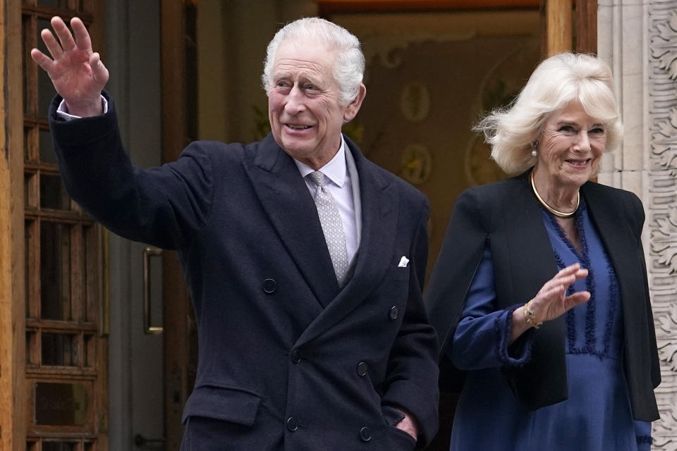 FILE - Britain's King Charles III and Queen Camilla leave The London Clinic in central London, Monday, Jan. 29, 2024. King Charles III was in hospital to receive treatment for an enlarged prostate. Queen Camilla, once seen as the scourge of the House of Windsor, the woman at the heart of King Charles III’s doomed marriage to the late Princess Diana, has emerged as one of the monarchy’s most prominent emissaries. (AP Photo/Alberto Pezzali, File)