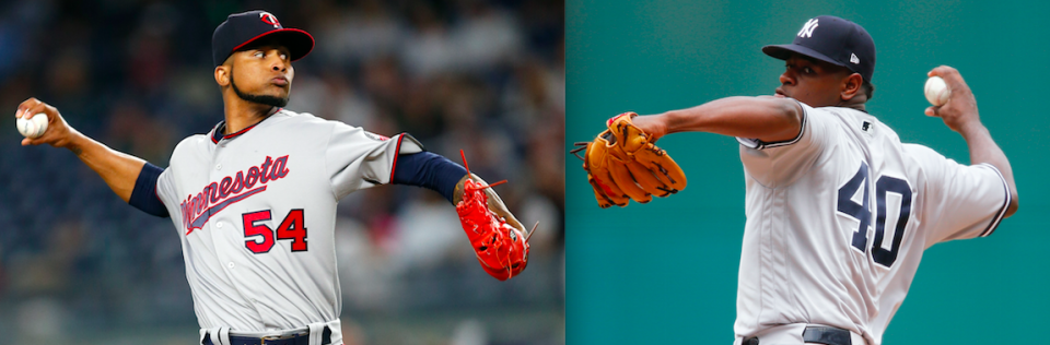 Ervin Santana and Luis Severino square off in the AL wild-card game. (Photos via AP)