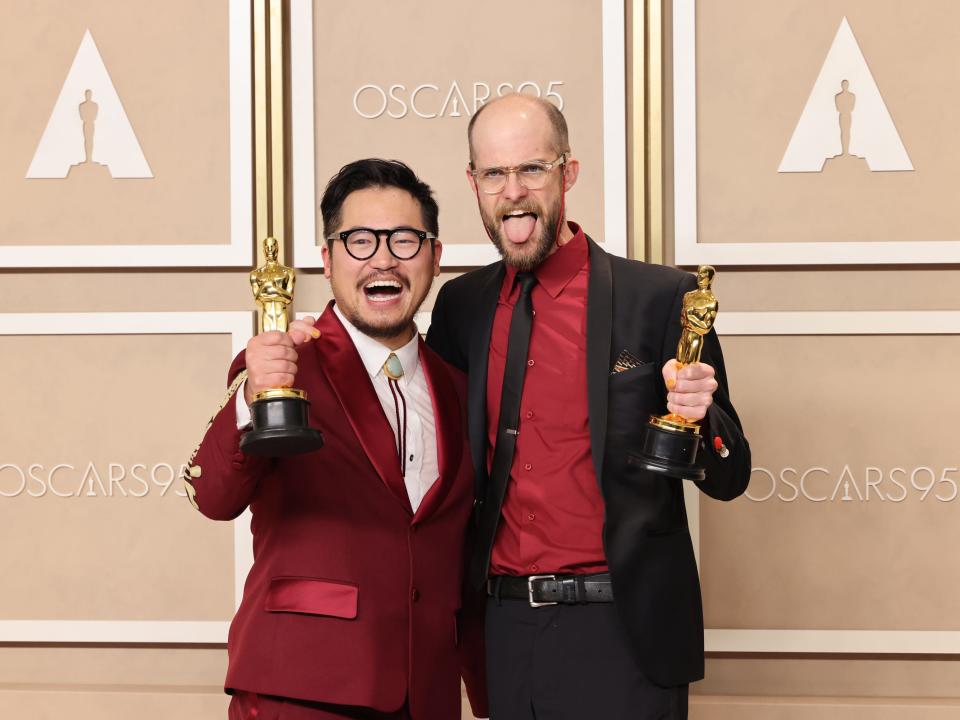 Daniel Kwan and Daniel Scheinert, winners of the Best Director award for ’Everything Everywhere All at Once’, pose in the press room during the 95th Annual Academy Awards at Ovation Hollywood on March 12, 2023 in Hollywood, California.