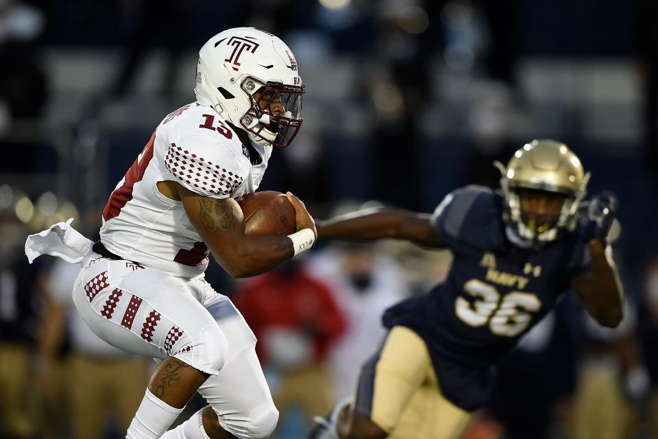 Temple's Ray Davis carries the ball against Navy during the first half of an NCAA college football game Saturday, Oct. 10, 2020, in Annapolis, Md. (AP Photo/Gail Burton)