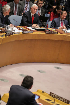 U.S. Vice President Mike Pence addresses the United Nations Security Council at U.N. headquarters in New York, U.S., April 10, 2019. REUTERS/Brendan McDermid