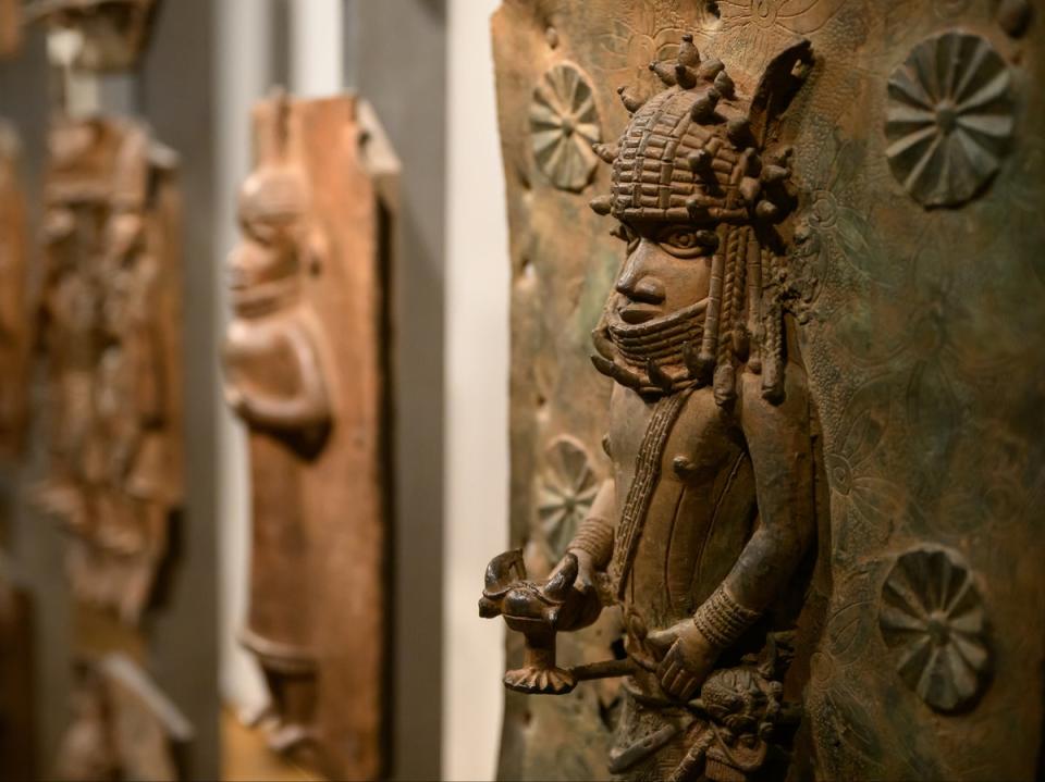The Benin bronzes seen in a gallery of African relics in the British Museum in London (Leon Neal/Getty)