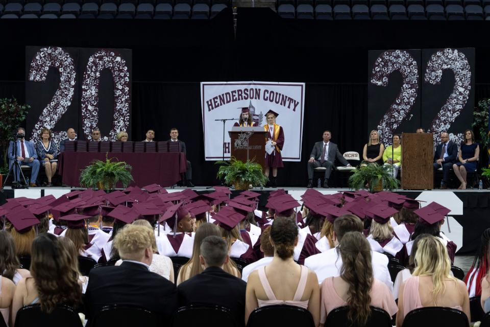 Seniors take part in the 2022 Henderson County High School commencement ceremony at Ford Center in Evansville  Thursday evening, May 26, 2022.