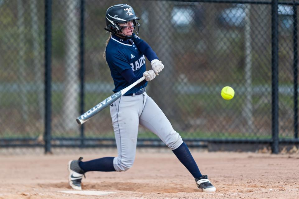 Somerset Berkley’s Alexis Ridge swings at a pitch during a recent game against Fairhaven. Ridge belted a home run on Wednesday against Dartmouth.