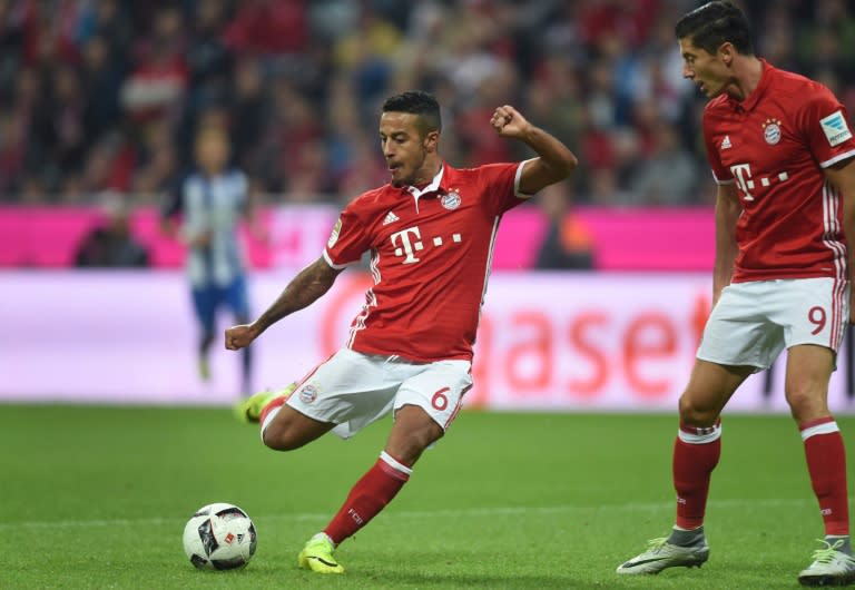 Bayern Munich's Thiago Alcantara scores a goal during the match against Hertha Berlin in Munich, southern Germany, on September 21, 2016