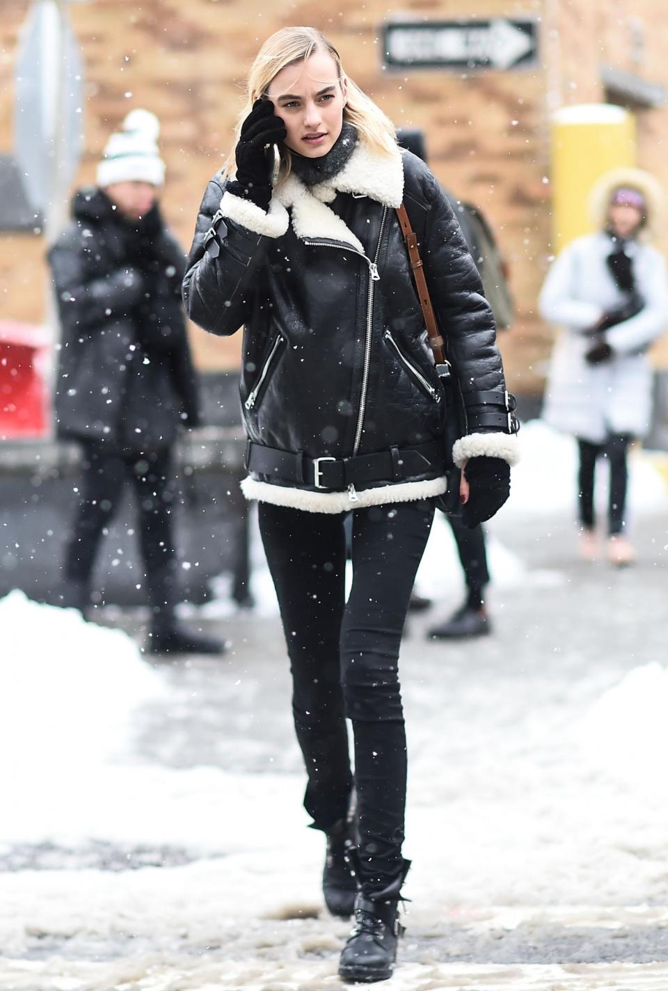 A show-goer wears the celeb-favorite Acne Velocite jacket at New York Fashion Week.