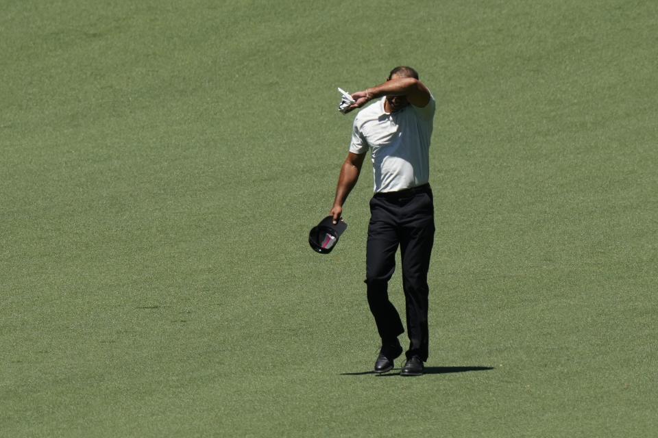 Tiger Woods walks on the second hole during third round at the Masters golf tournament at Augusta National Golf Club Saturday, April 13, 2024, in Augusta, Ga. (AP Photo/Matt Slocum)