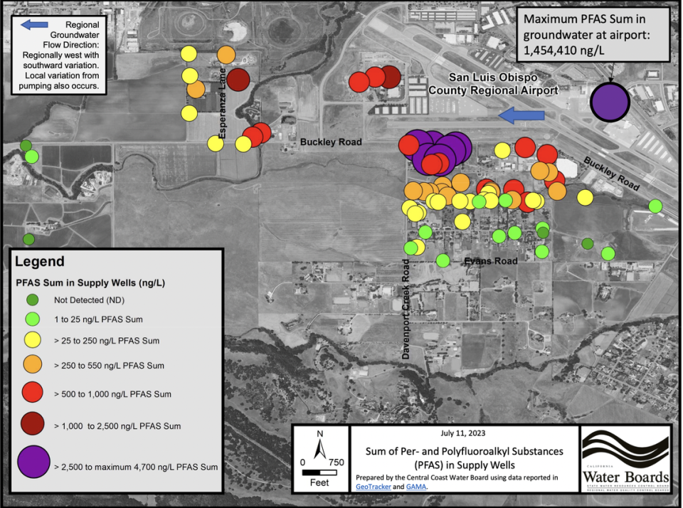 A map shared at the July 21, 2023 Central Coast Water Board meeting. The map shows data from a recent investigation of the level of PFAS contamination at the San Luis Obispo County Airport and surrounding areas.