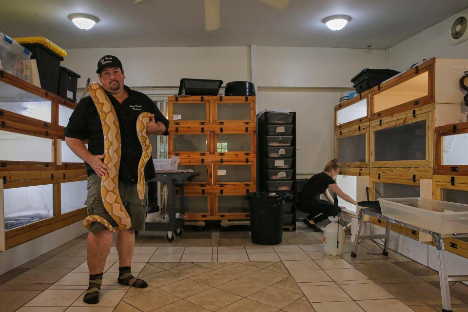 John McHugh (left) and Michelle Watts (right) working on cleaning one of the enclosures in the main room where their snakes are held on Wednesday, November 2, 2022.