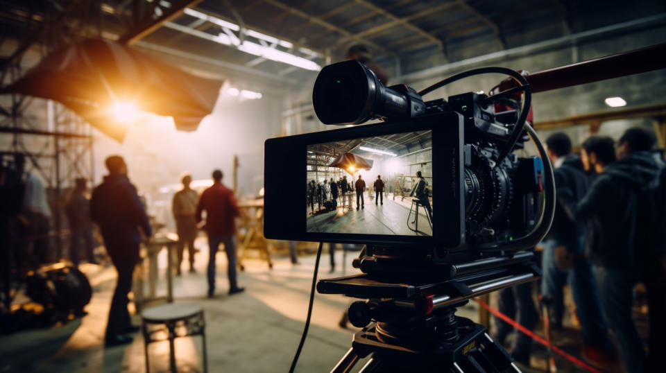 A film director, clapperboard in hand, behind camera filming a movie set.