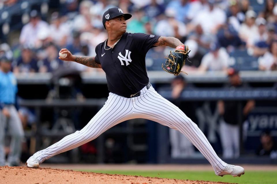 New York Yankees pitcher Luis Gil throws in the fifth inning of a spring training baseball game against the Tampa Bay Rays Wednesday, March 6, 2024, in Tampa, Fla. (AP Photo/Charlie Neibergall)