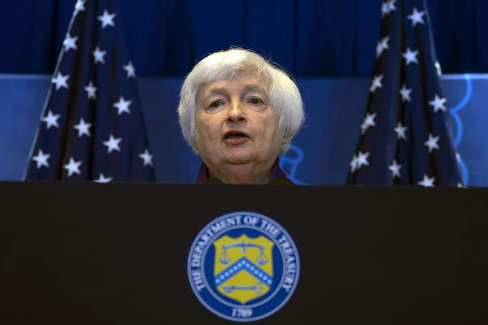 FILE - Treasury Secretary Janet Yellen speaks during a press conference at the U.S. Embassy in Beijing, China, Sunday, July 9, 2023. (AP Photo/Mark Schiefelbein, File)