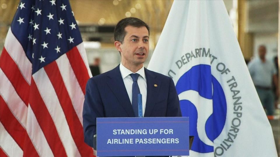 PHOTO: U.S. Secretary of Transportation Pete Buttigieg speaks at a press conference at the Reagan National Airport on April 24, 2024. (ABC News, POOL)