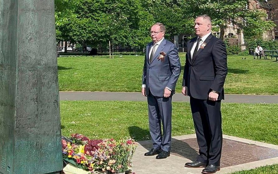 Col Elovik, right, alongside Andrey Kelin, the Russian ambassador, during a wreath-laying ceremony at the Soviet war memorial in London on 8 May
