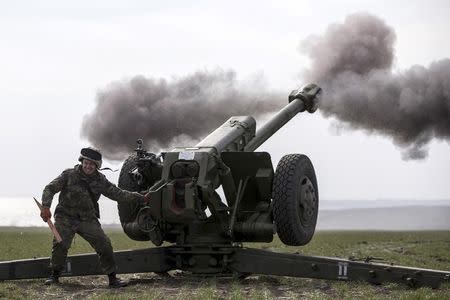 Ukraine's voluntary militia called the Azov Battalion holds artillery training in east Ukraine's village of Urzuf that sits west of the port city of Mariupol on the Azov Sea, March 19, 2015. REUTERS/Marko Djurica