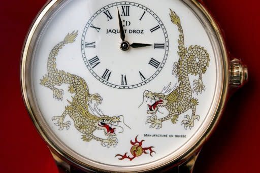 A Chinese-themed limited edition model of a watch by Swiss watchmaker Jaquet Droz, on display in Paudex, western Switzerland. Success-driven Chinese people have today become a driving force behind the Swiss watch market