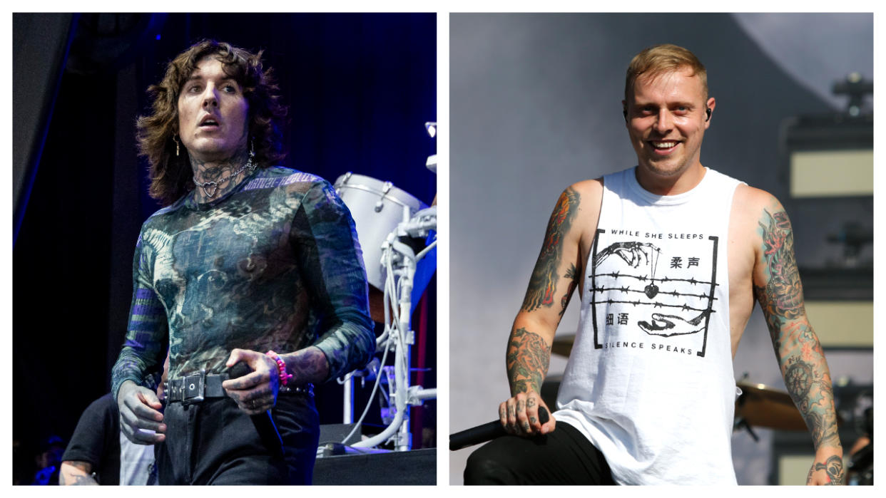  Oli Sykes and Sam Carter on stage at separate shows 