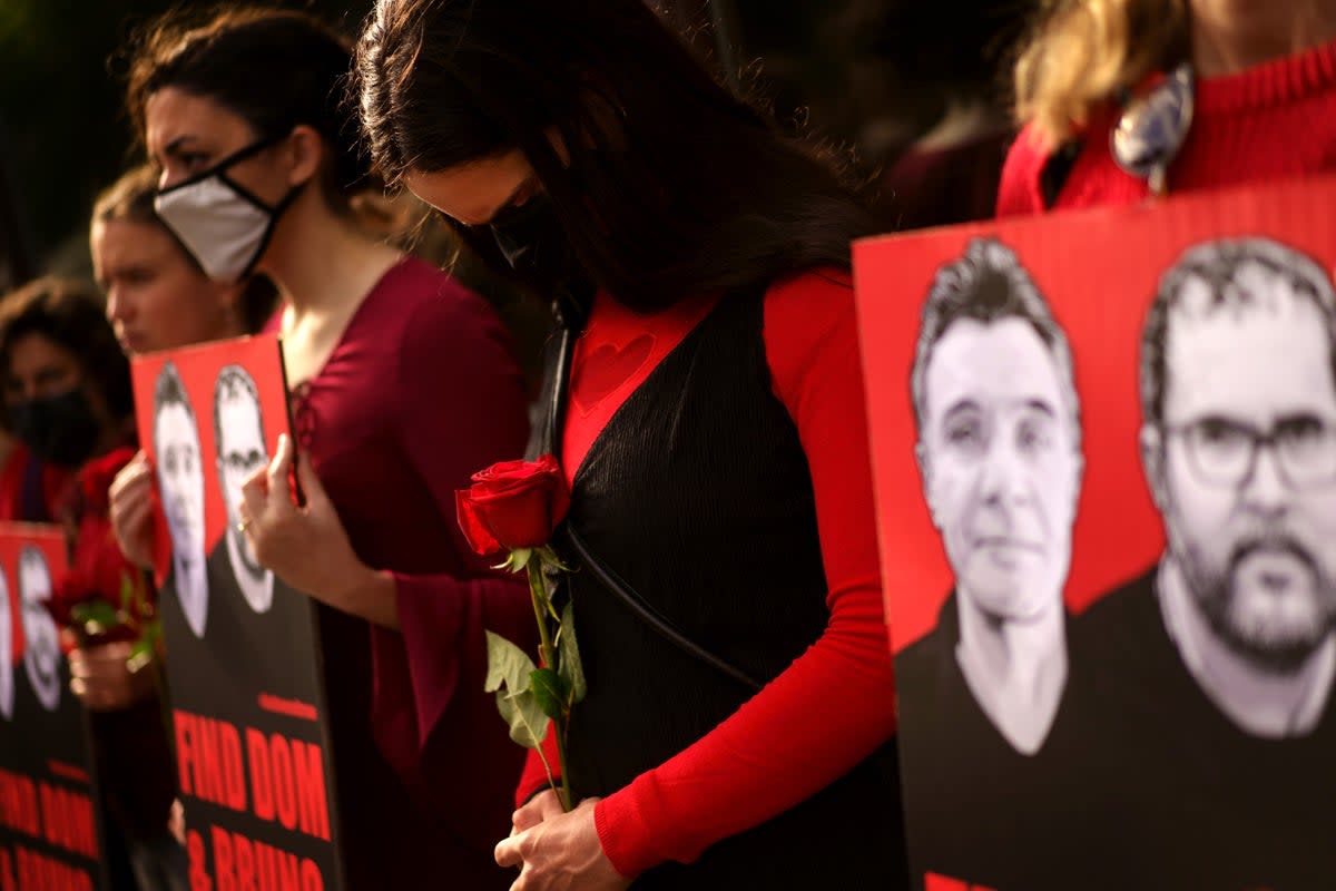 A supporter shows her emotion at a vigil outside the Brazilian Embassy in London for Dom Phillips and Bruno Araujo Pereira, a British journalist and an Indigenous affairs official who are missing in the Amazon (PA) (PA Wire)