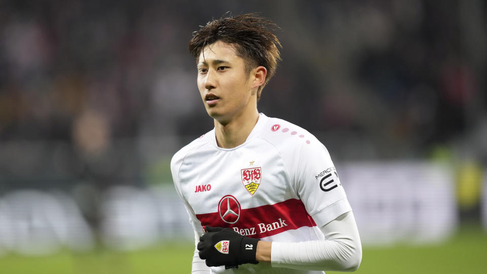 Stuttgart's Hiroki Ito during the German Bundesliga soccer match between TSG 1899 Hoffenheim and VfB Stuttgart in Sinsheim, Germany, Tuesday, Jan. 24, 2023. Bayern Munich has signed Japan defender Hiroki Ito from German rival Stuttgart in a move which is expected to mark the start of a wider overhaul of Bayern’s squad. (AP Photo/Michael Probst)