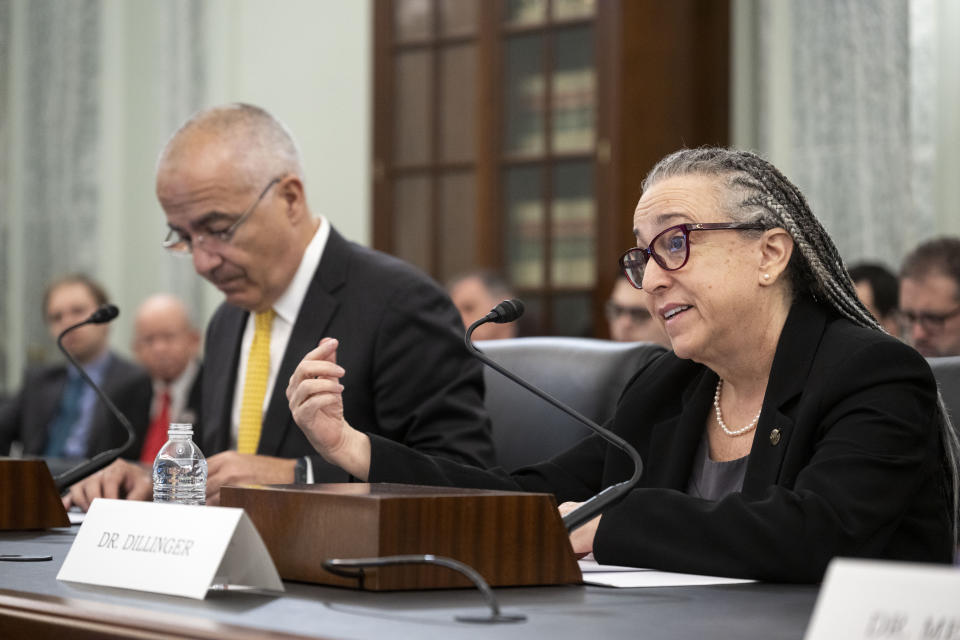 Dr. Tracy Dillinger, right, testifies before the Senate Commerce, Science, and Transportation hearings to examine the FAA Organization Designation Authorization (ODA) Expert Panel Report with Dr. Javier de Luis, on Capitol Hill, Wednesday, April 17, 2024, in Washington. (AP Photo/Kevin Wolf)