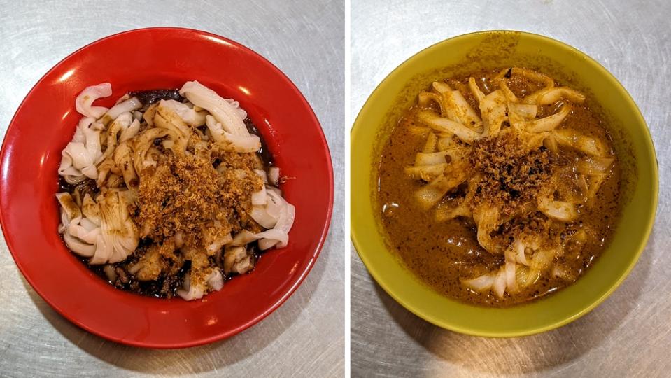 A humble plate of KL-style sweet sauce ('tim jiong') 'chee cheong fun' topped with 'har mai' (left). The star of the show for me, the curry 'chee cheong fun' with the perfect pairing of 'har mai' (right).