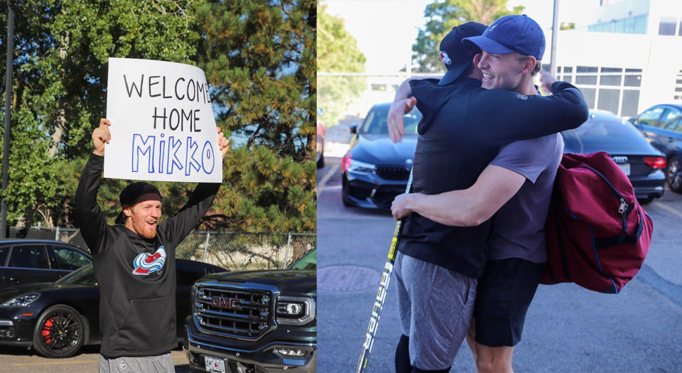 Mikko Rantanen's welcoming committee may have been small, but Gabriel Landeskog's excitement to see his right winger can't be questioned. (Twitter//@Avalanche)