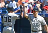 Aug 15, 2015; Toronto, Ontario, CAN; New York Yankees right fielder Carlos Beltran (36) is greeted by first baseman Mark Teixeira (25) after hitting a home run against Toronto Blue Jays in the first inning at R ogers Centre. Dan Hamilton-USA TODAY Sports