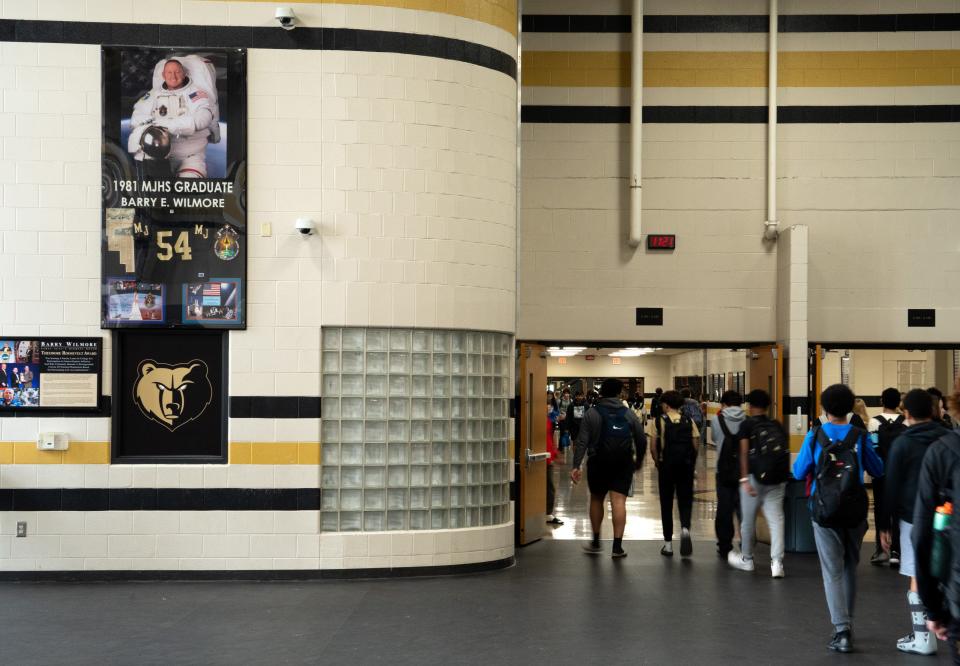 Students file to classes near where Astronaut Barry “Butch” Elmore is recognized as a distinguished alum from the school's Class of 1981 at Mt. Juliet High School in Mt. Juliet, Tenn., Monday, April 1, 2024. Elmore is scheduled to head into space a third time – this time on the Boeing Starliner in May – its first-ever manned space flight to the International Space Station.