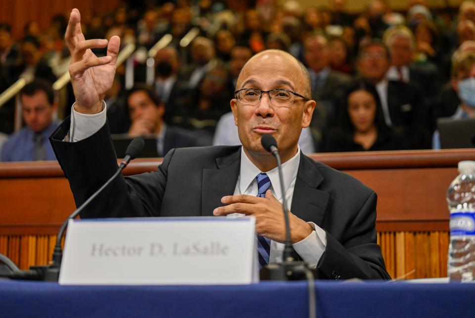 New York Gov. Kathy Hochul's Chief Judge of the Court of Appeals nominee, Hector D. LaSalle, gives testimony to the Senate Judiciary Committee Wednesday, Jan. 18, 2023, in Albany, N.Y. (AP Photo/Hans Pennink)