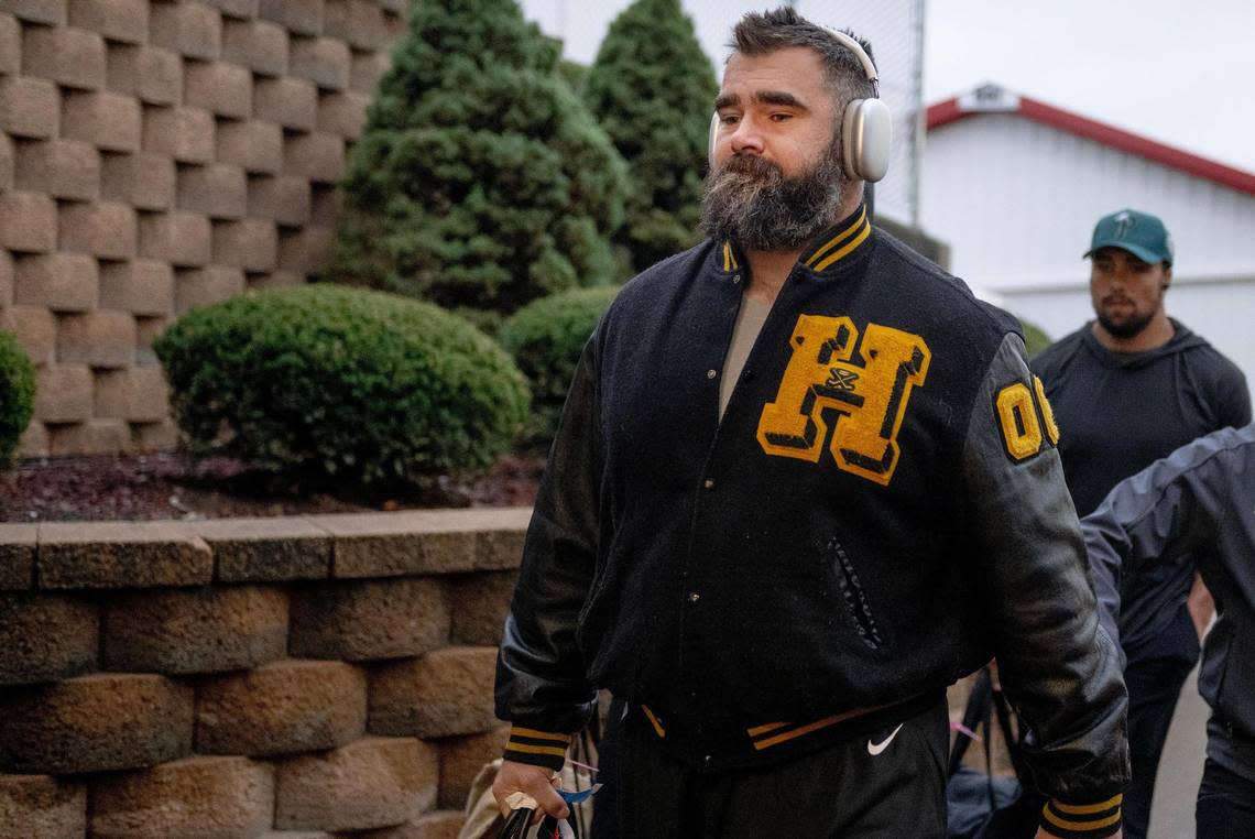 Philadelphia Eagles center Jason Kelce arrives at GEHA Field at Arrowhead Stadium wearing a varsity jacket from the Ohio high school he and brother Travis Kelce of the Chiefs attended.