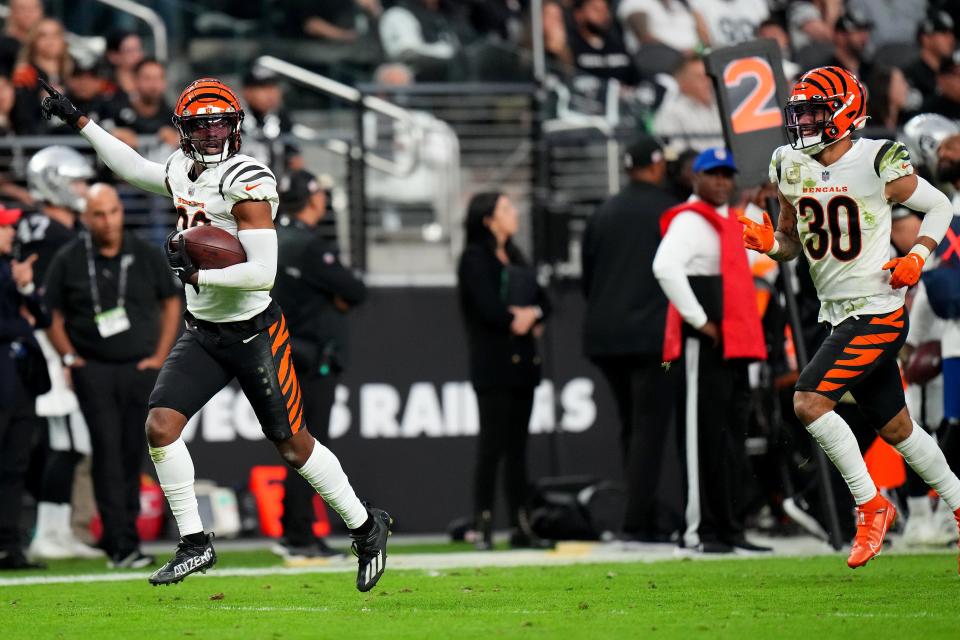 Cincinnati Bengals cornerback Eli Apple (20) celebrates an interception in the fourth quarter during a NFL Week 11 game against the Las Vegas Raiders, Sunday, Nov. 21, 2021, at Allegiant Stadium in Las Vegas.