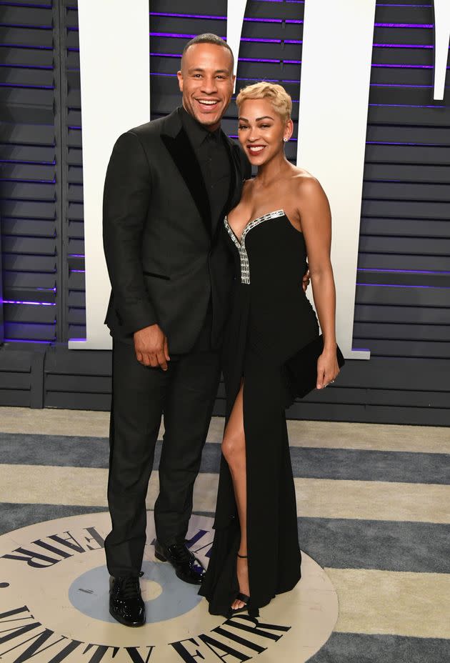 DeVon Franklin and Meagan Good attend the 2019 Vanity Fair Oscar Party on Feb. 24, 2019, in Beverly Hills, California. (Photo: Jon Kopaloff via Getty Images)