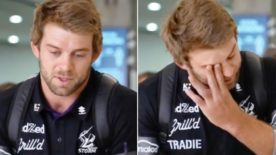 Seen here, Storm forward Christian Welch wipes away tears reflecting on his NRL season-ending injury.