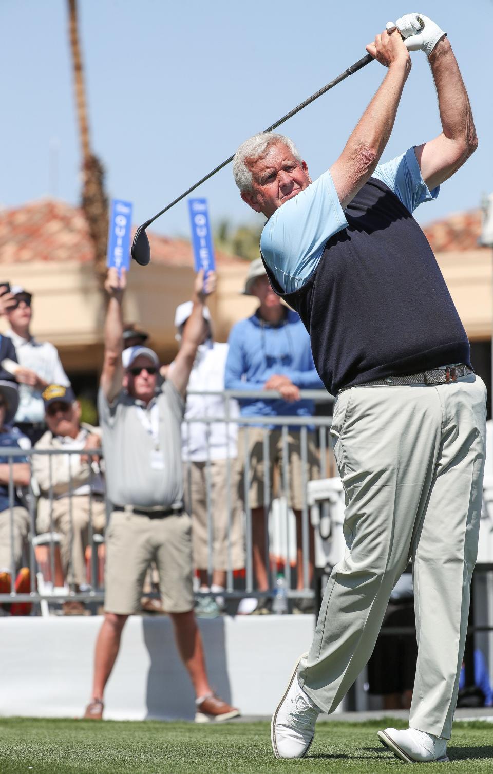 Colin Montgomerie tees off on the 10th hole during the Galleri Classic at Mission Hills Country Club in Rancho Mirage, March 24, 2023. 