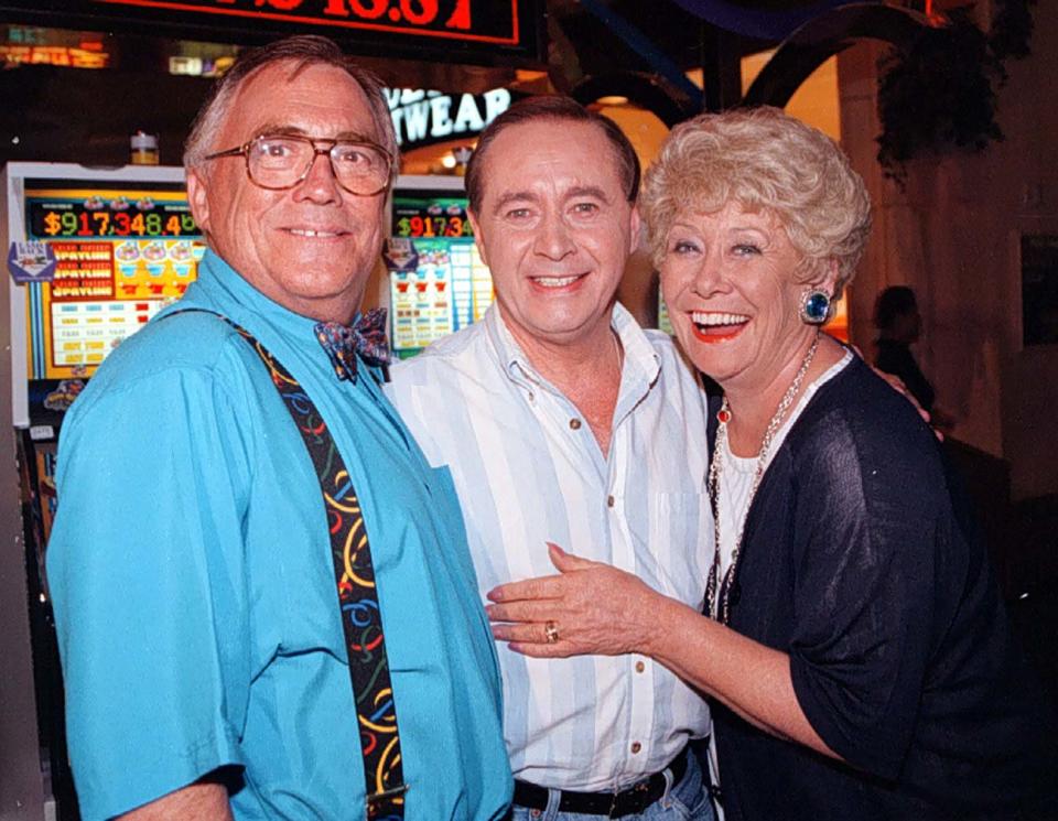 Viva Las Vegas as Jack (left) and Vera Duckworth (Bill Tarmey and Liz Dawn) meet up with Street veteran Ray Langton (actor Neville Buswell) in the gambling capital of the World, in a special Coronation Street video. (Photo by PA Images via Getty Images)