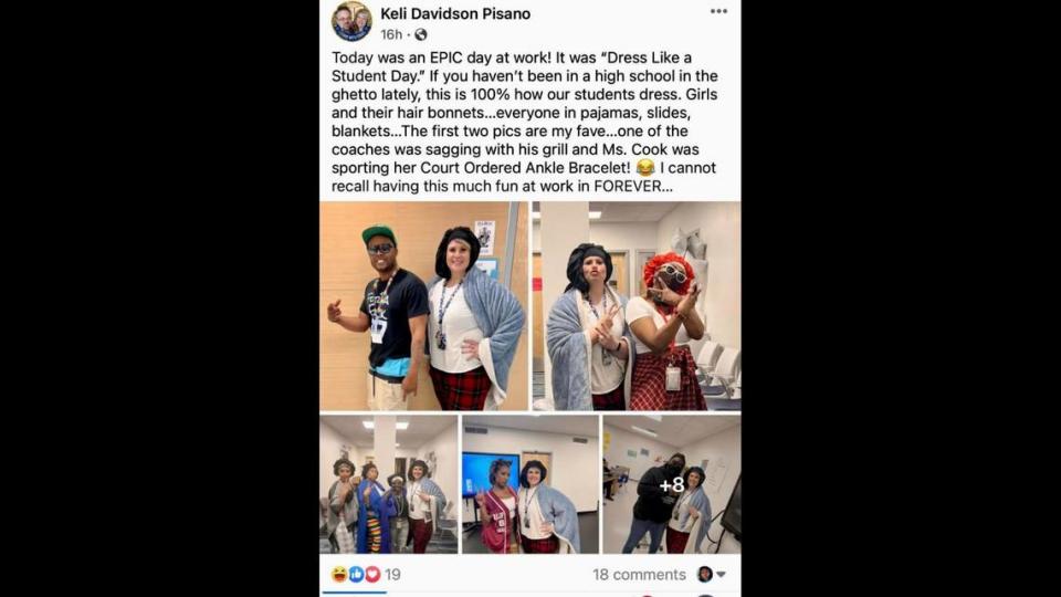 A screenshot of the May 10 Facebook post by O.D. Wyatt High School Counselor Keli Pisano showing staff participating in “dress like a student day.”